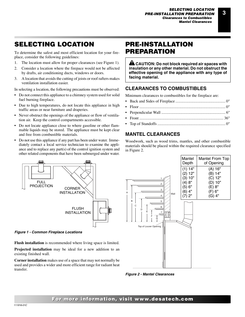 Selecting location, Pre-installation preparation, Clearances to combustibles | Mantel clearances | Desa CD32M (-1)(-2) User Manual | Page 3 / 22