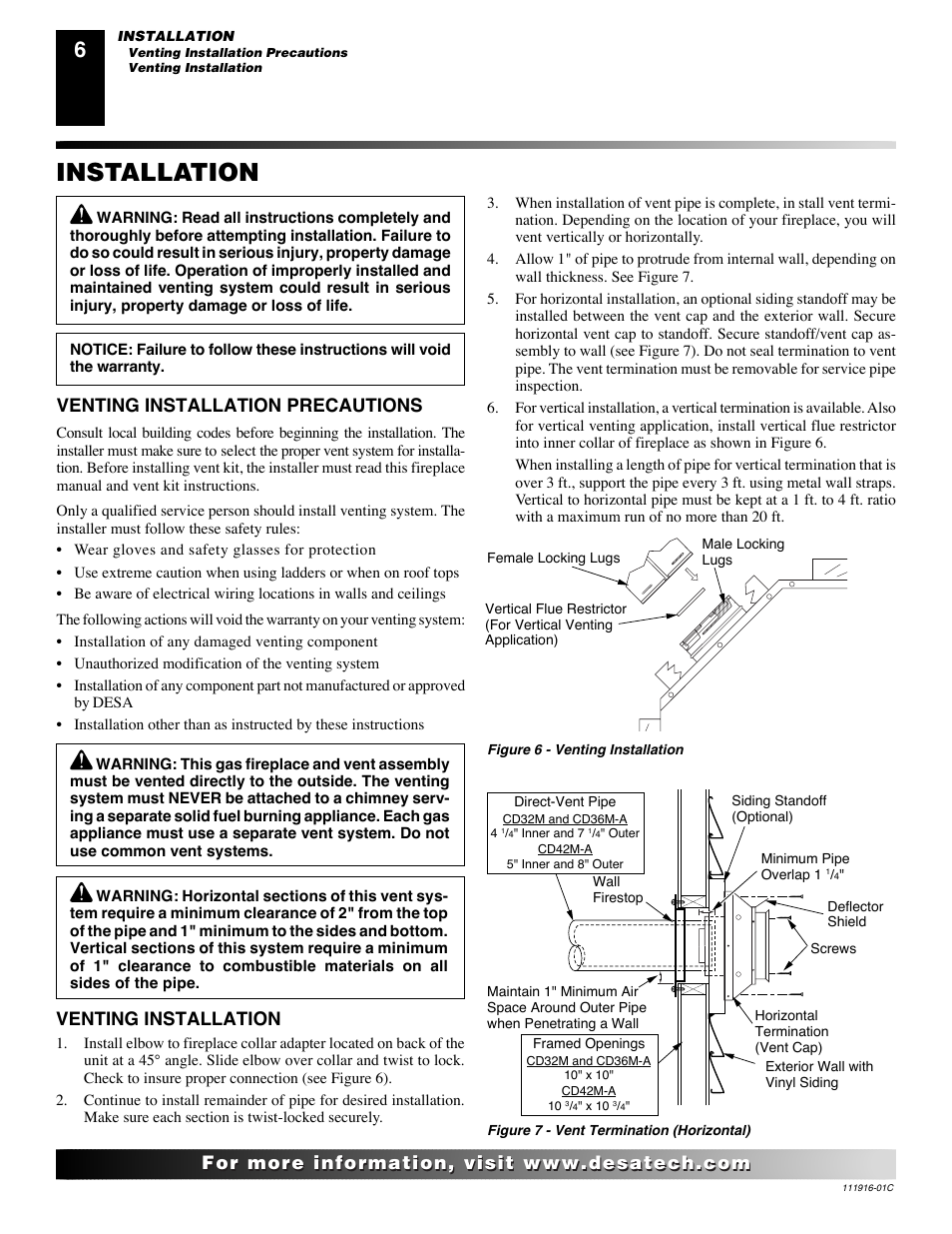 Installation, Venting installation, Venting installation precautions | Desa CD32M (-1)(-2) User Manual | Page 6 / 22