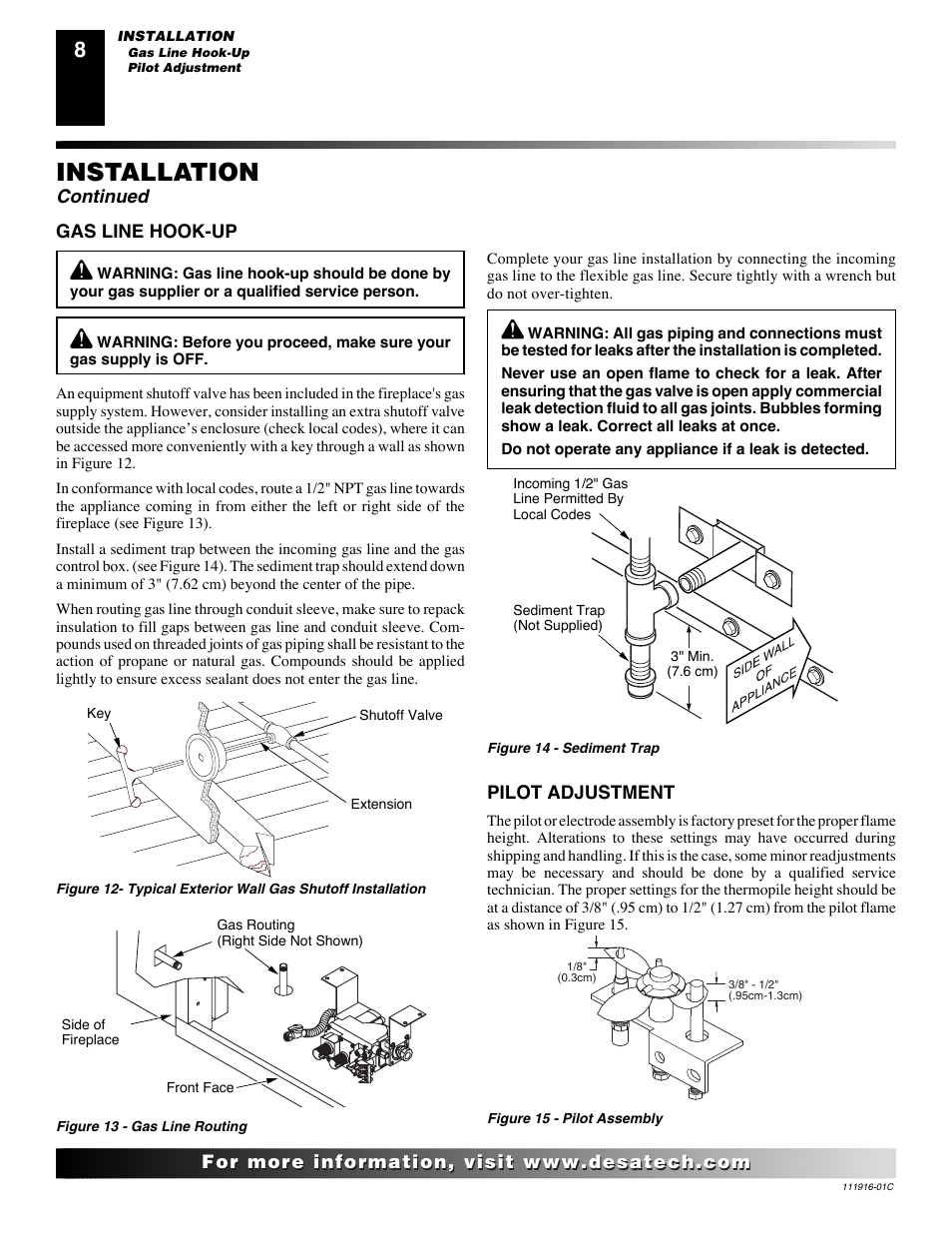 Installation, Continued, Gas line hook-up | Pilot adjustment | Desa CD32M (-1)(-2) User Manual | Page 8 / 22