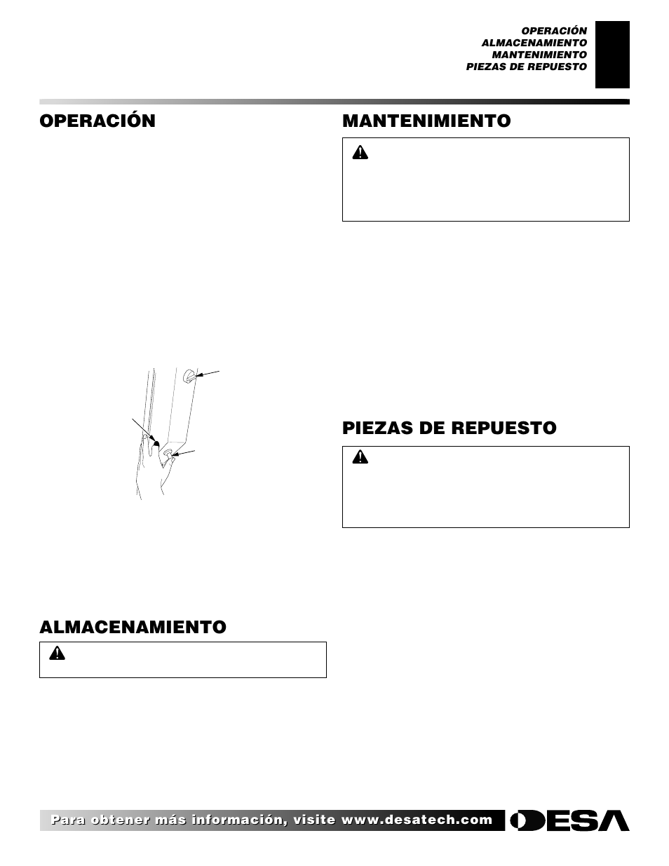 Operación, Piezas de repuesto, Mantenimiento | Almacenamiento, Continuación | Desa 28BN User Manual | Page 23 / 32