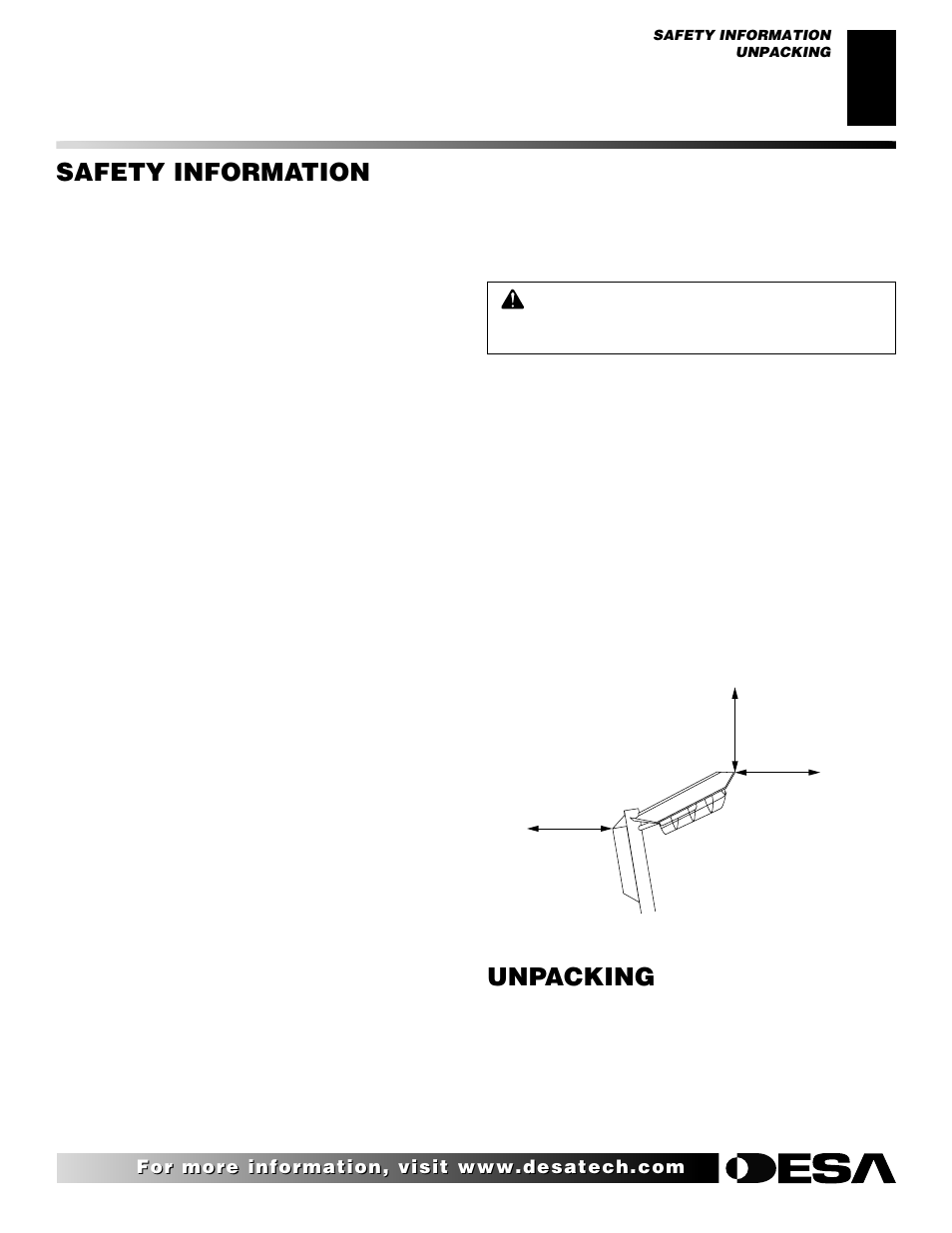 Safety information, Unpacking, Continued | Desa 28BN User Manual | Page 3 / 32