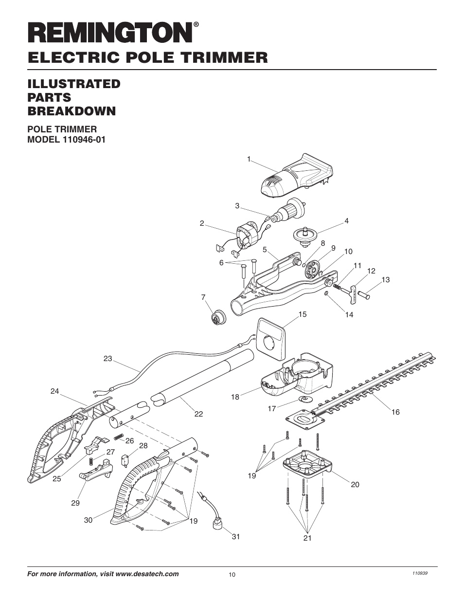 Electric pole trimmer, Illustrated parts breakdown | Desa 110946-01 User Manual | Page 10 / 40