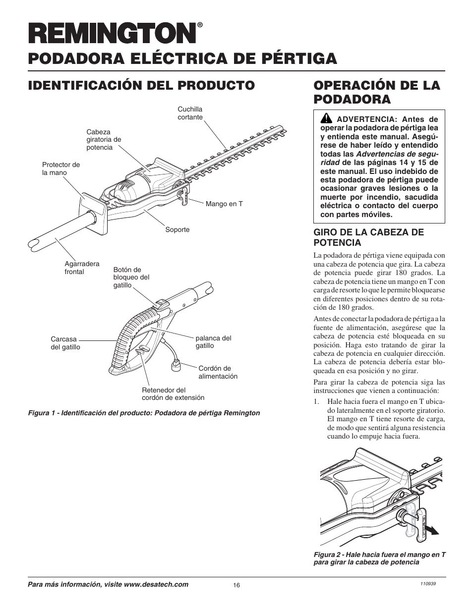 Podadora eléctrica de pértiga, Operación de la podadora, Identificación del producto | Desa 110946-01 User Manual | Page 16 / 40