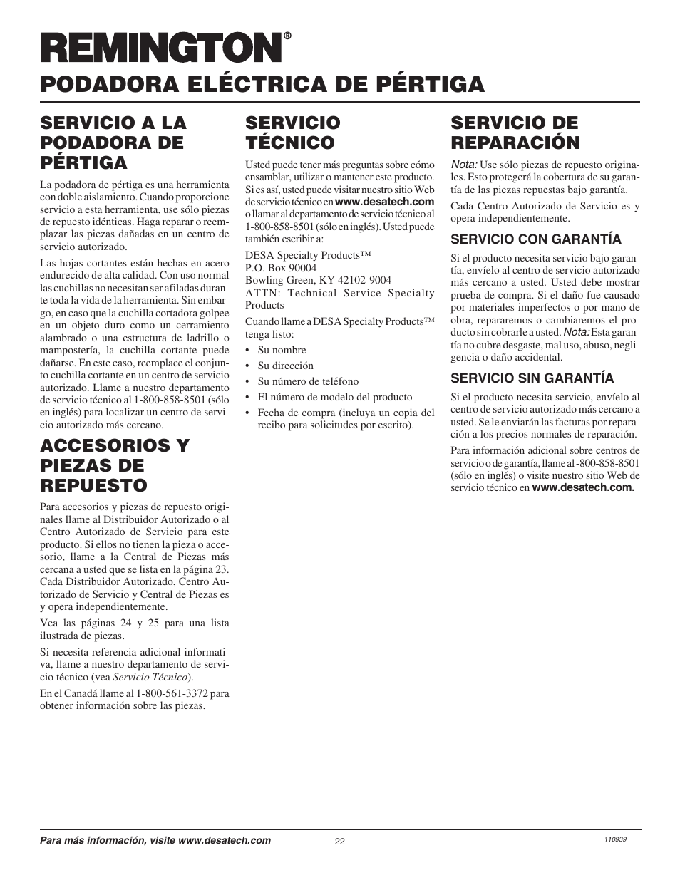 Podadora eléctrica de pértiga, Servicio a la podadora de pértiga, Servicio técnico | Servicio de reparación, Accesorios y piezas de repuesto | Desa 110946-01 User Manual | Page 22 / 40