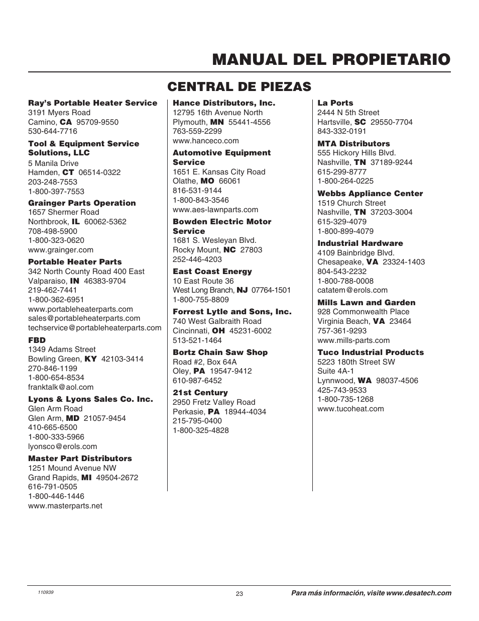Manual del propietario, Central de piezas | Desa 110946-01 User Manual | Page 23 / 40