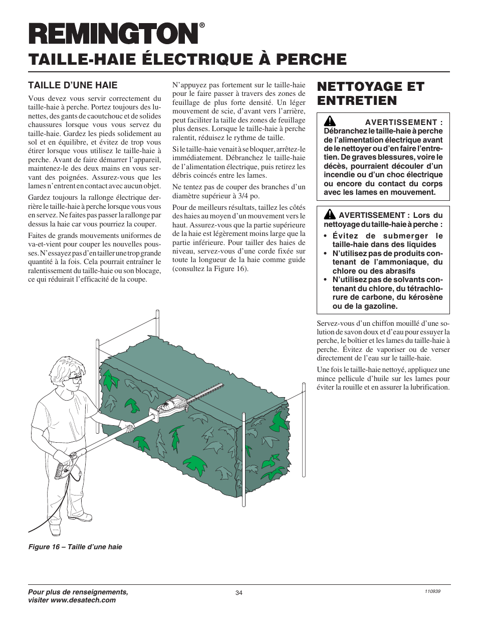 Taille-haie électrique à perche, Nettoyage et entretien | Desa 110946-01 User Manual | Page 34 / 40
