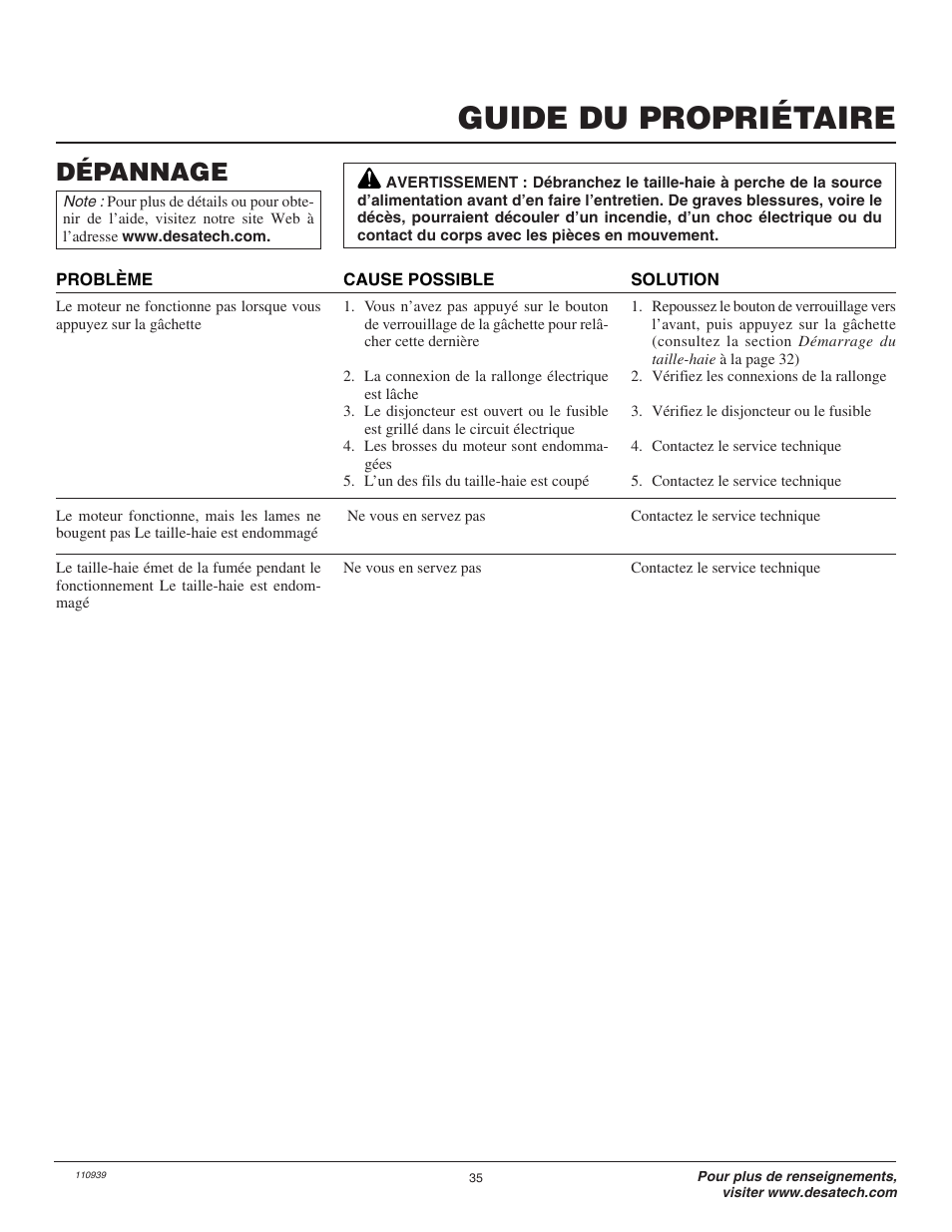 Guide du propriétaire, Dépannage | Desa 110946-01 User Manual | Page 35 / 40