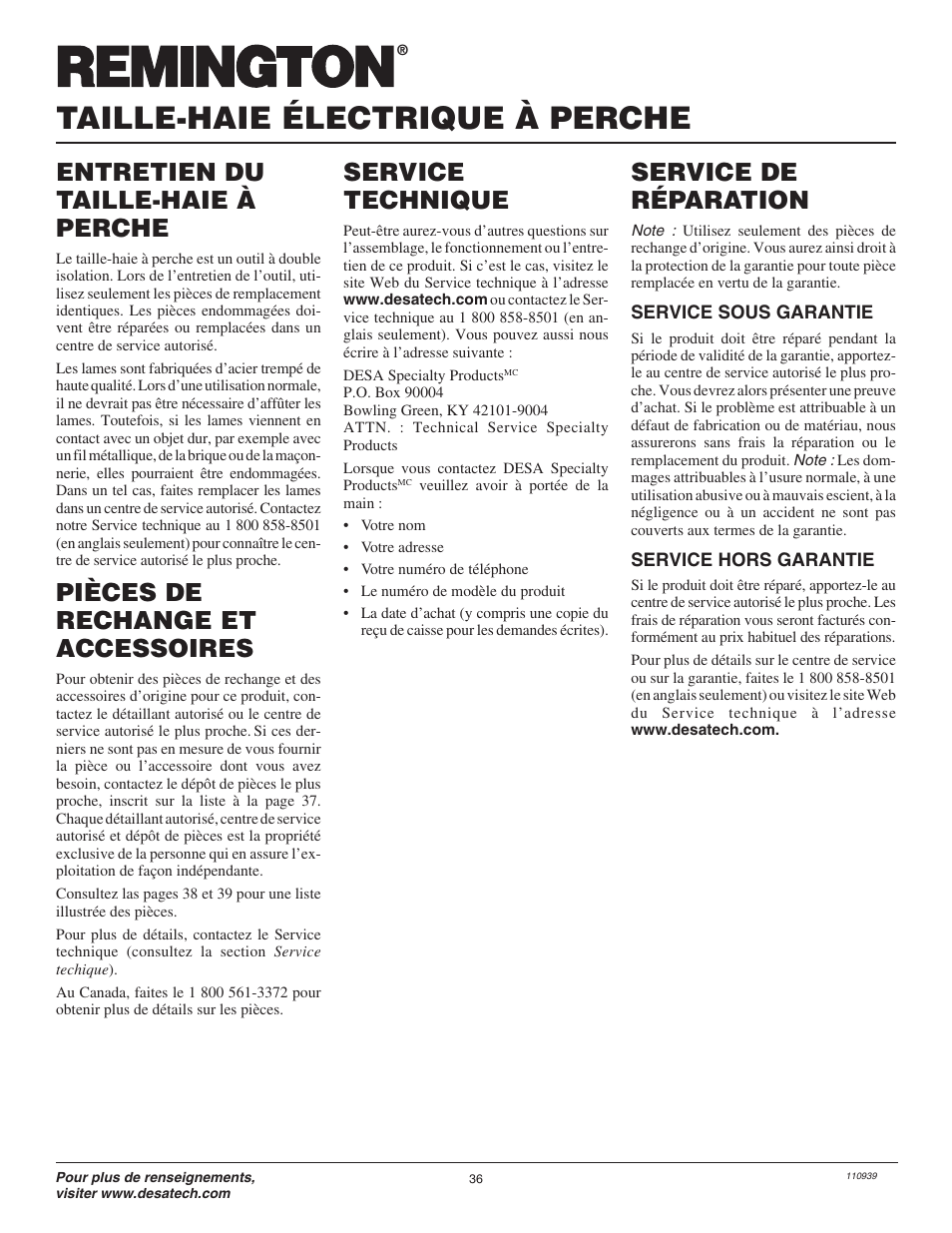 Taille-haie électrique à perche, Entretien du taille-haie à perche, Service de réparation | Service technique, Pièces de rechange et accessoires | Desa 110946-01 User Manual | Page 36 / 40