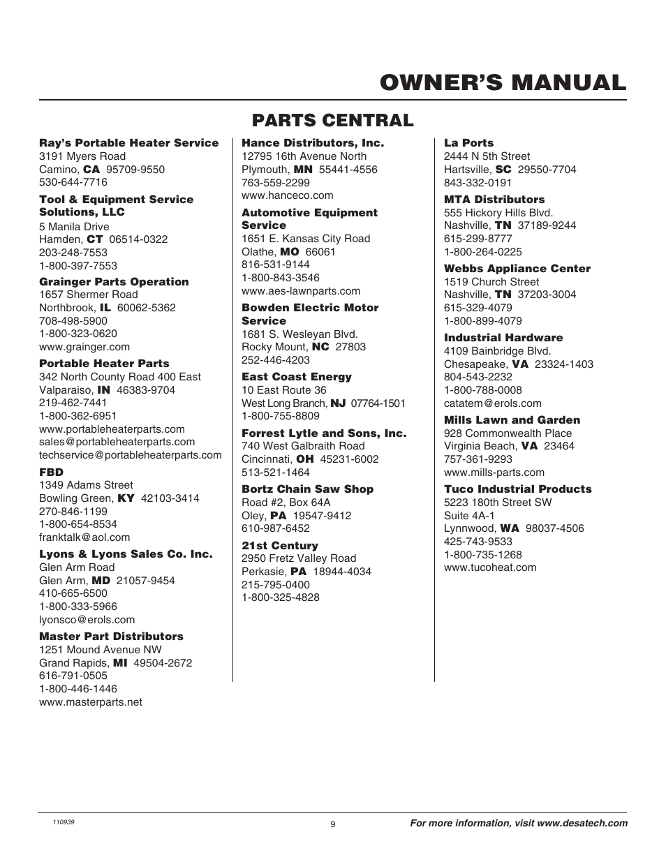 Owner’s manual, Parts central | Desa 110946-01 User Manual | Page 9 / 40