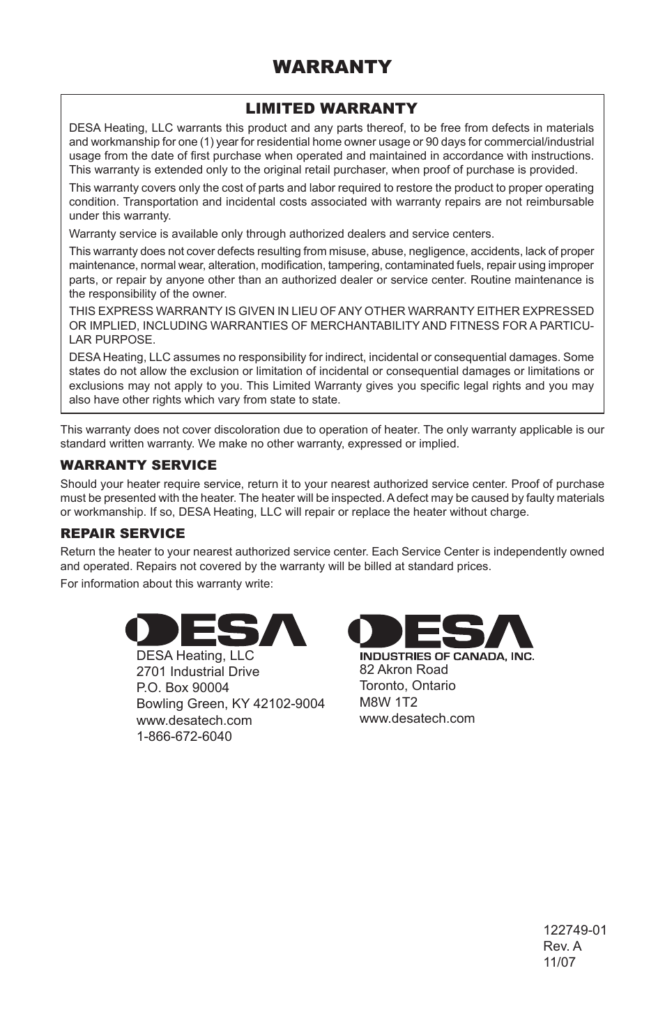 Warranty | Desa Td101a User Manual | Page 12 / 40