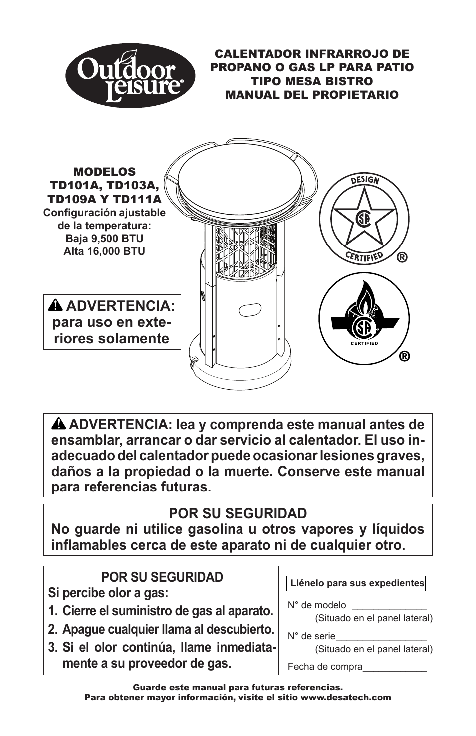 Advertencia: para uso en exte- riores solamente | Desa Td101a User Manual | Page 13 / 40