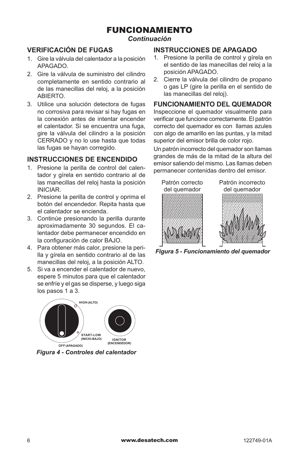 Funcionamiento, Instrucciones de apagado, Funcionamiento del quemador | Verificación de fugas, Instrucciones de encendido, Continuación | Desa Td101a User Manual | Page 18 / 40