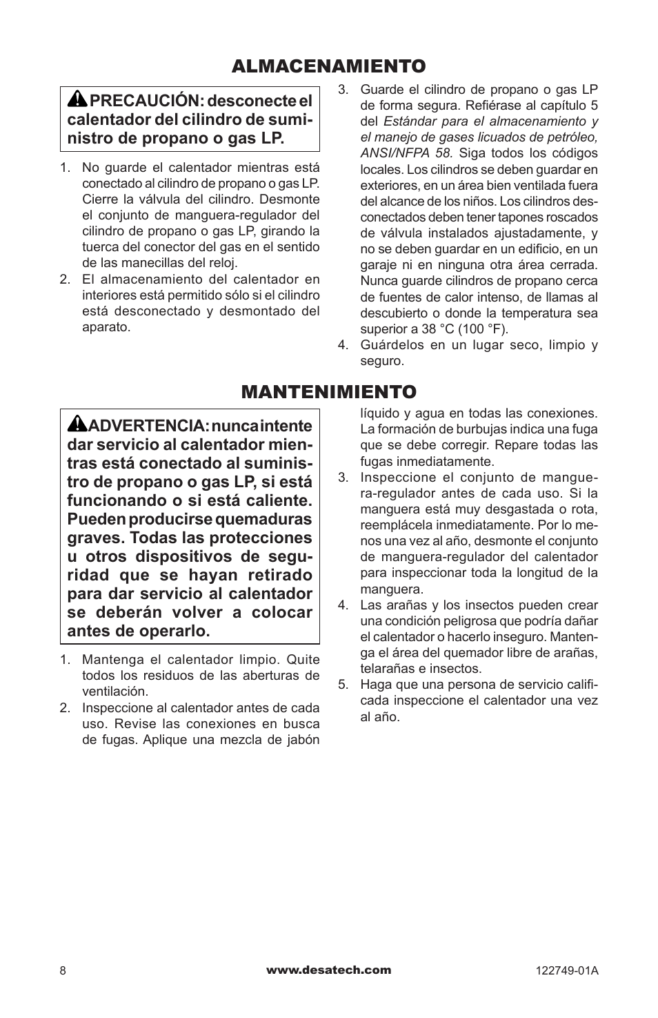 Almacenamiento, Mantenimiento | Desa Td101a User Manual | Page 20 / 40