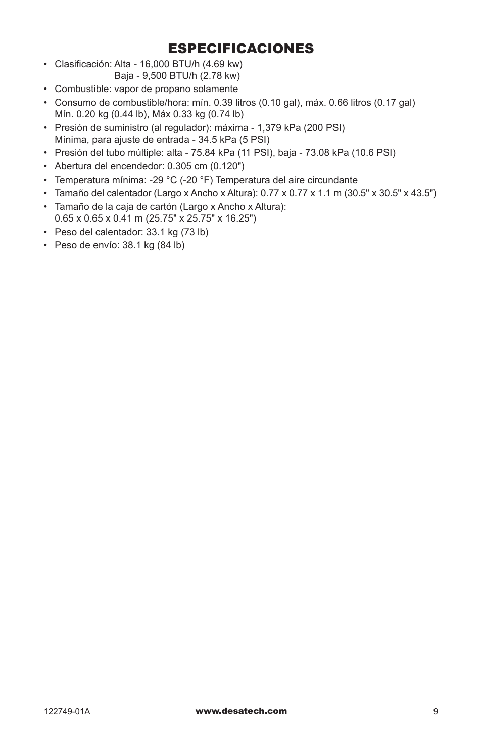 Especificaciones | Desa Td101a User Manual | Page 21 / 40