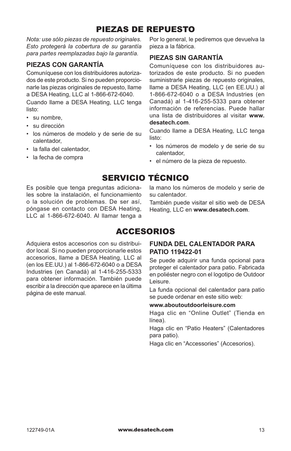 Piezas de repuesto, Servicio técnico, Accesorios | Desa Td101a User Manual | Page 25 / 40