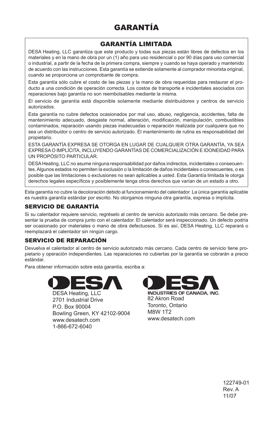 Garantía | Desa Td101a User Manual | Page 26 / 40