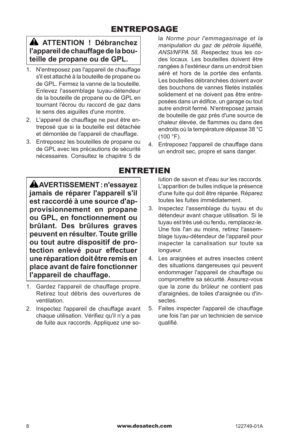 Entreposage, Entretien, Entreposage entretien | Desa Td101a User Manual | Page 34 / 40