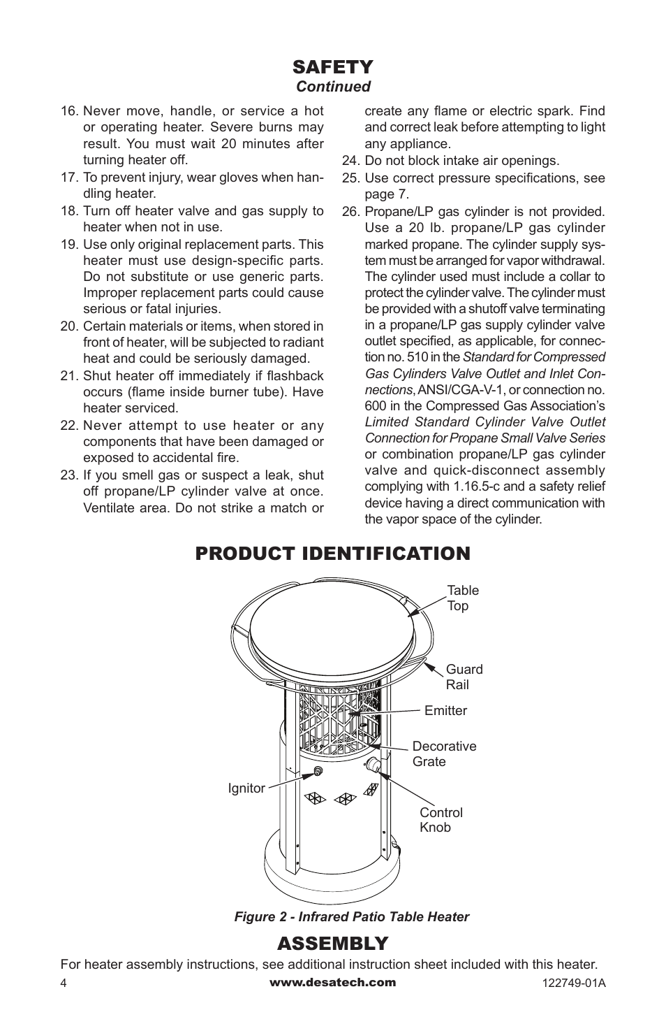 Product identification, Assembly, Safety | Desa Td101a User Manual | Page 4 / 40