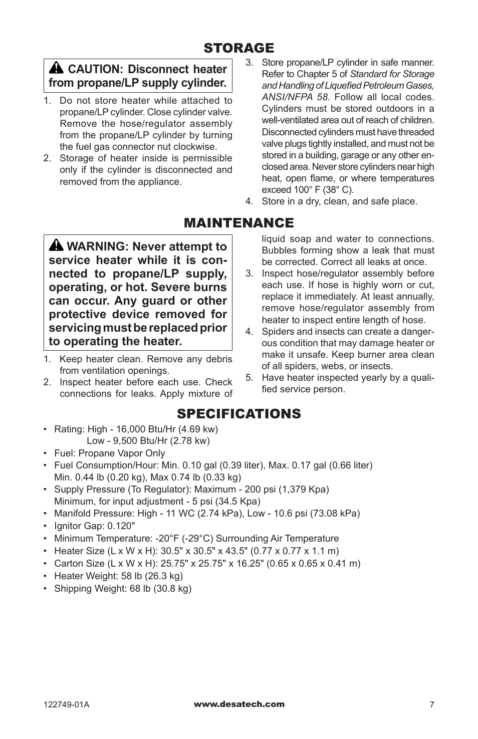 Storage, Maintenance, Specifications | Desa Td101a User Manual | Page 7 / 40