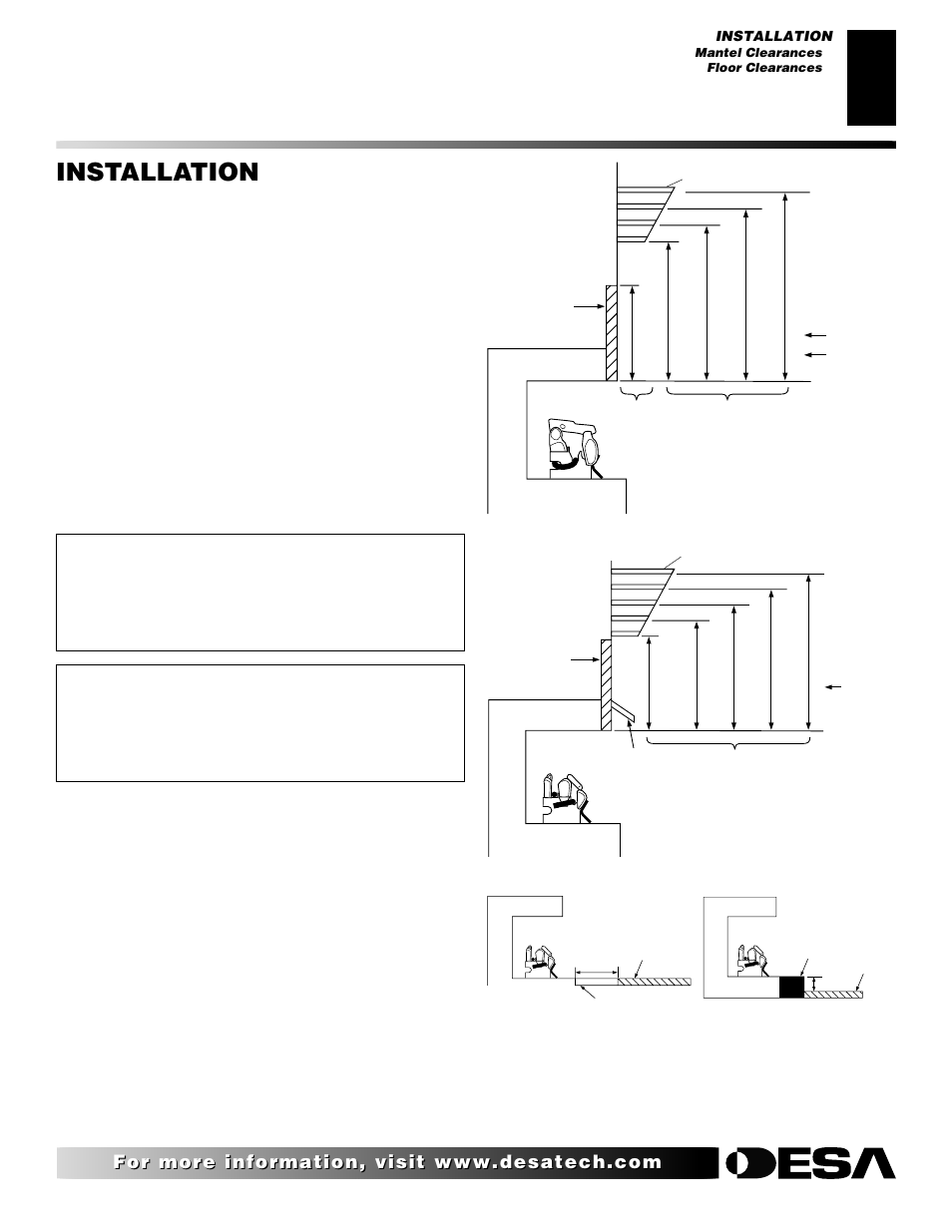 Installation, Continued, Mantel clearances | Floor clearances, Determining minimum mantel clearance | Desa CLD3018PT User Manual | Page 9 / 36