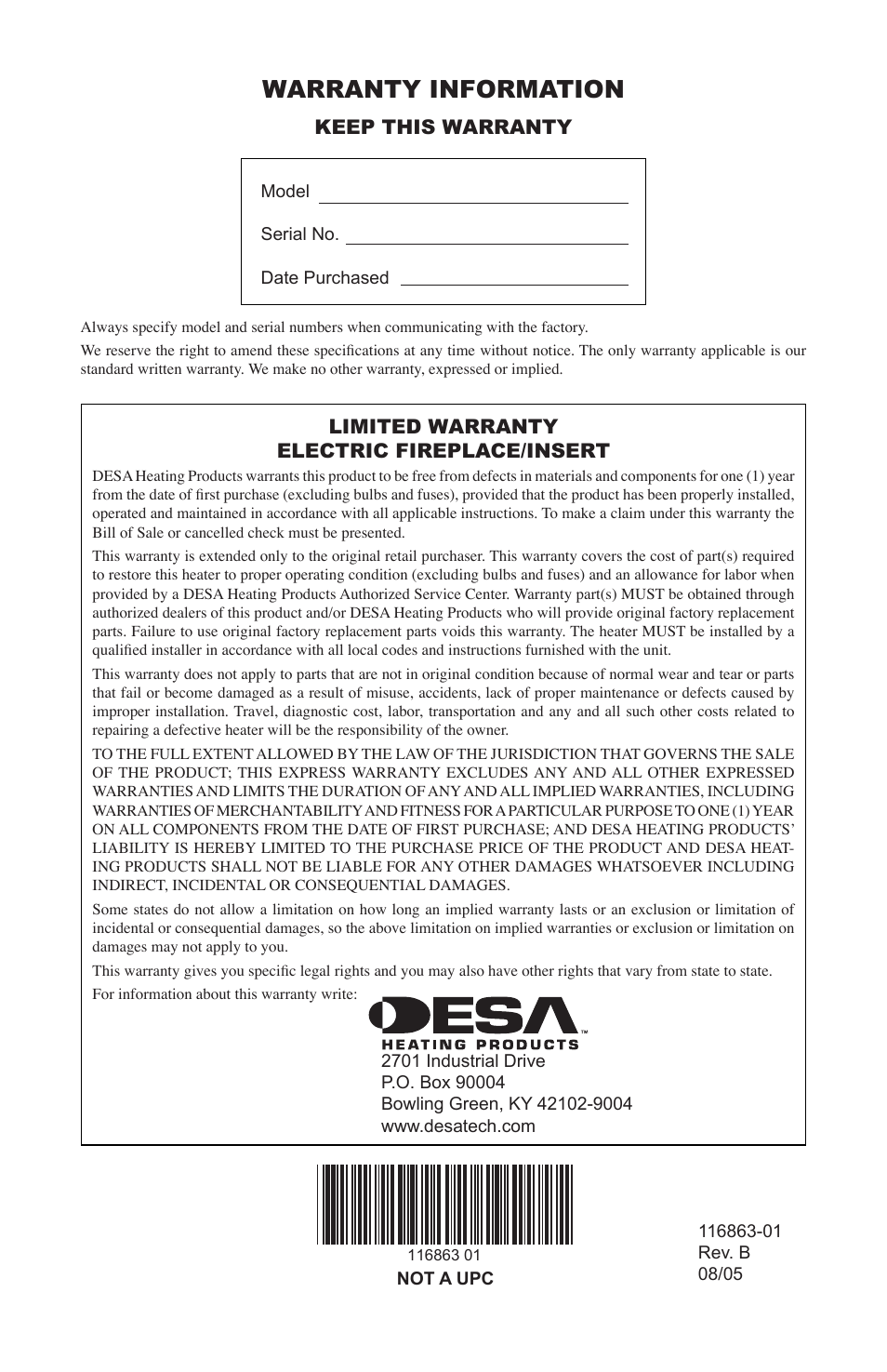 Warranty information, Keep this warranty, Limited warranty electric fireplace/insert | Desa CEF26BN User Manual | Page 12 / 12