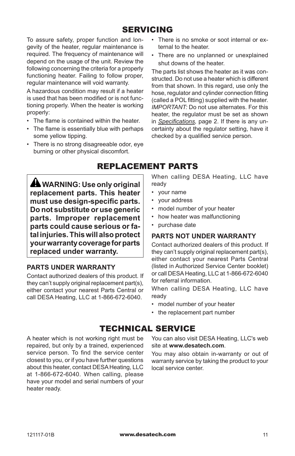 Servicing, Replacement parts, Technical service | Desa Td125 User Manual | Page 11 / 48