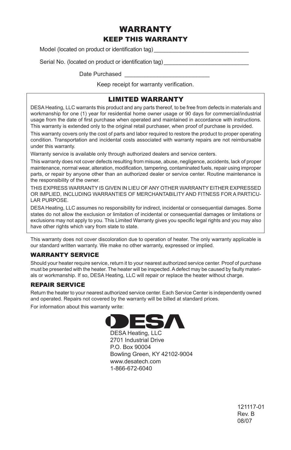 Warranty | Desa Td125 User Manual | Page 16 / 48