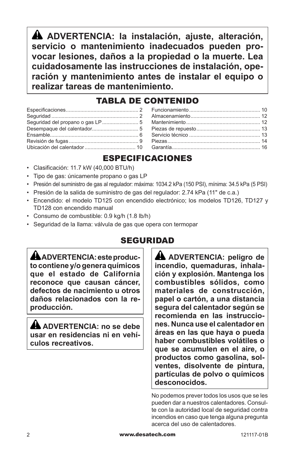 Especificaciones, Seguridad | Desa Td125 User Manual | Page 18 / 48