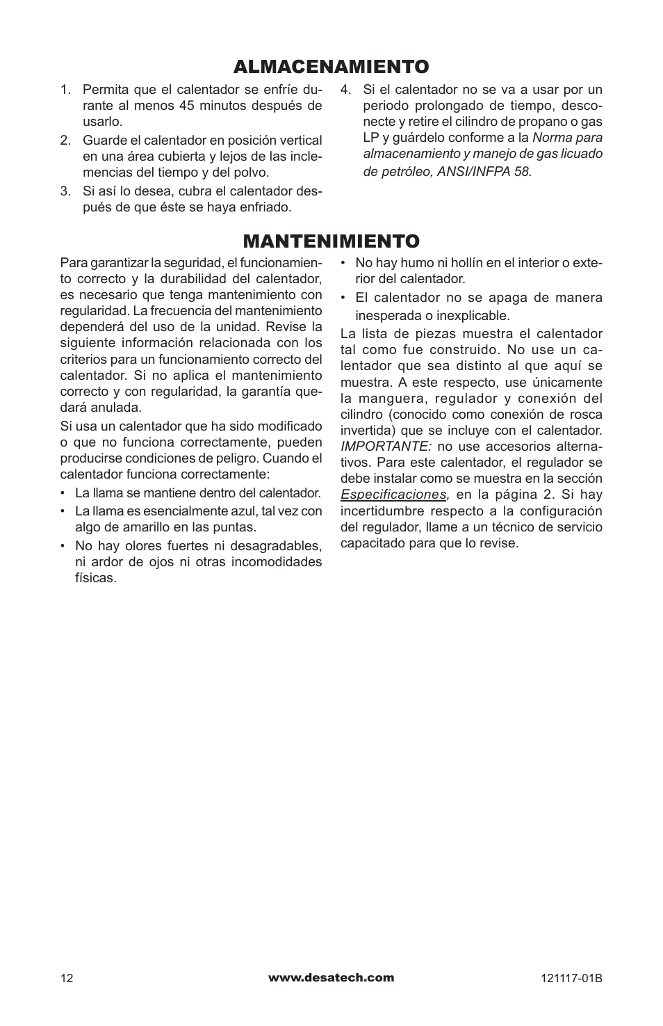 Almacenamiento, Mantenimiento | Desa Td125 User Manual | Page 28 / 48