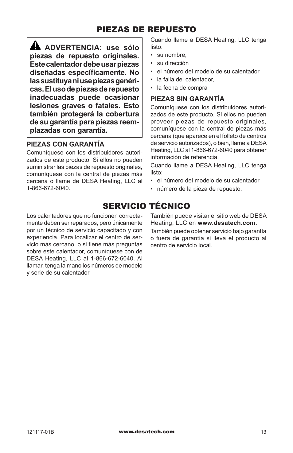 Piezas de repuesto, Servicio técnico | Desa Td125 User Manual | Page 29 / 48