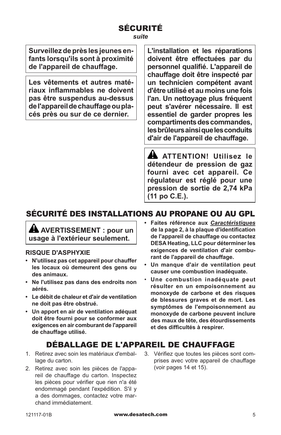 Sécurité des installations au propane ou au gpl, Déballage de l'appareil de chauffage, Sécurité | Desa Td125 User Manual | Page 37 / 48