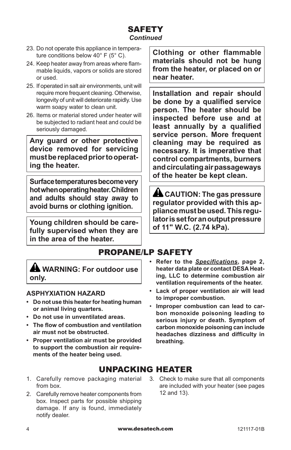 Propane/lp safety, Unpacking heater, Safety | Desa Td125 User Manual | Page 4 / 48