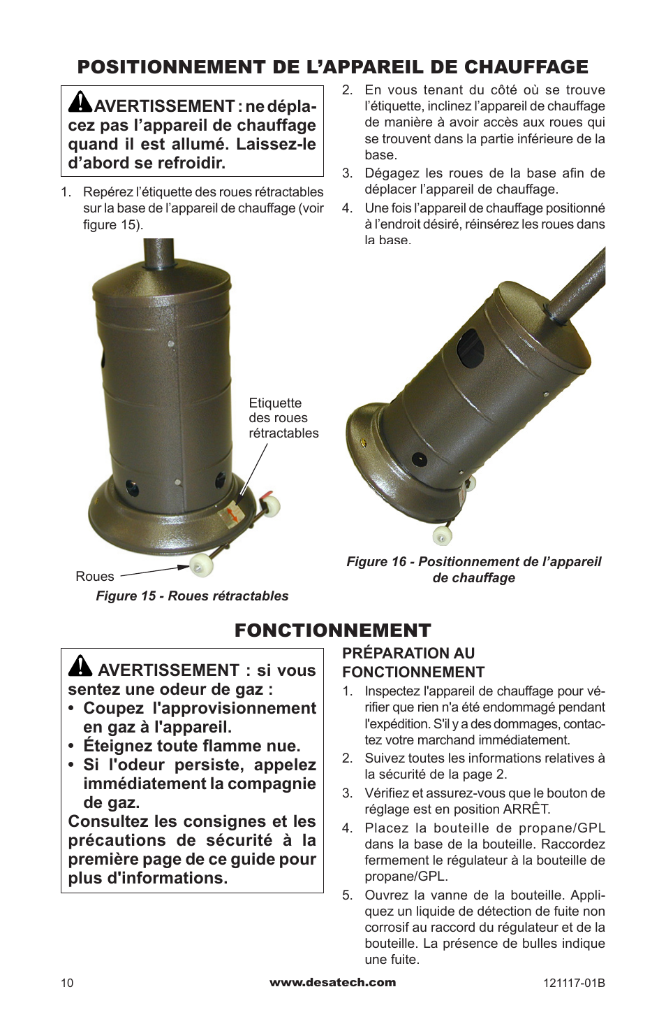 Positionnement de l’appareil de chauffage, Fonctionnement | Desa Td125 User Manual | Page 42 / 48