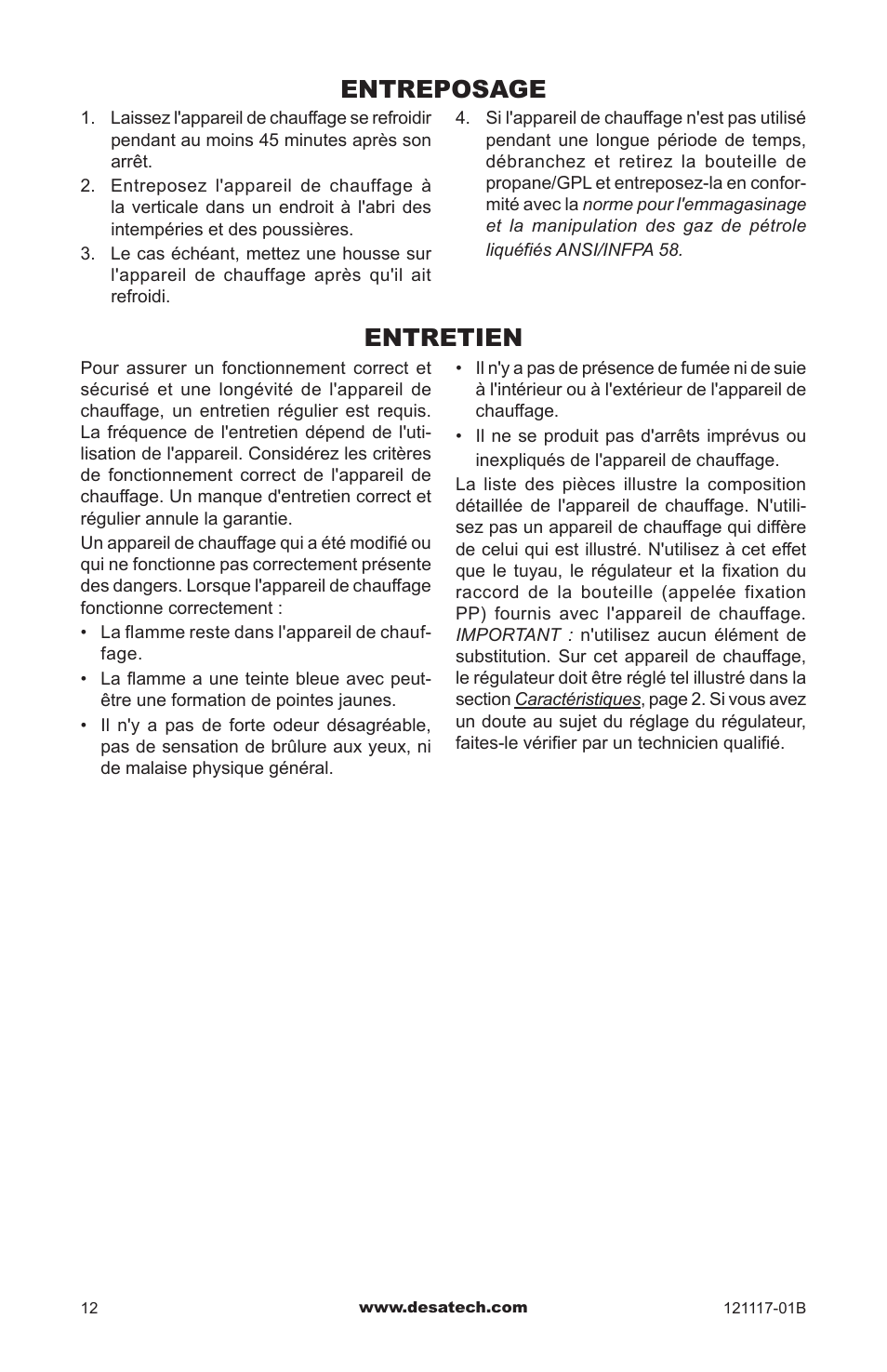 Entreposage, Entretien | Desa Td125 User Manual | Page 44 / 48