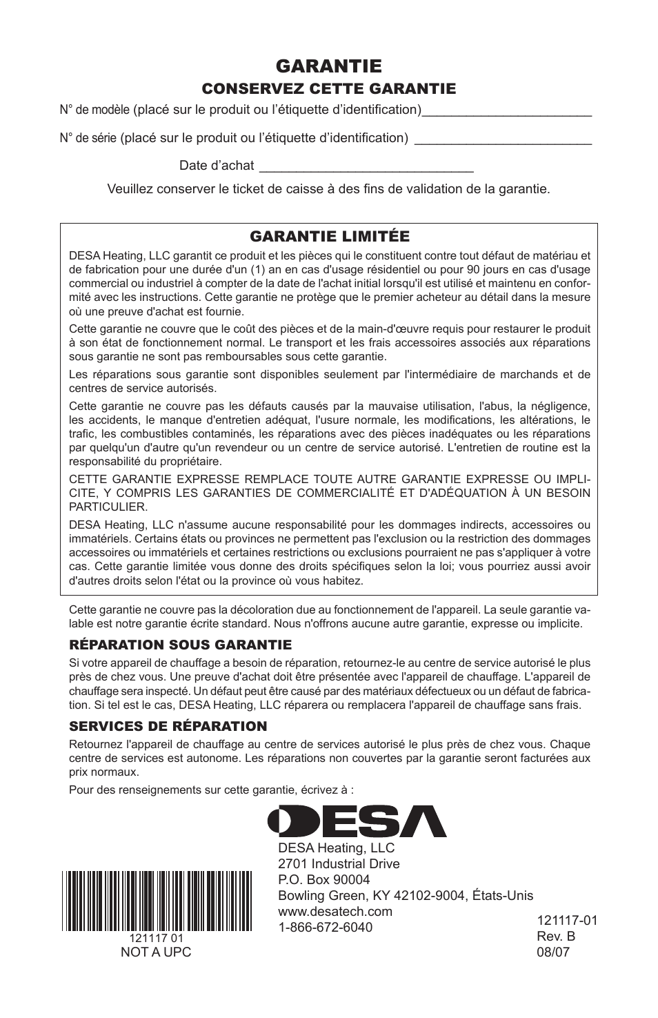 Garantie | Desa Td125 User Manual | Page 48 / 48