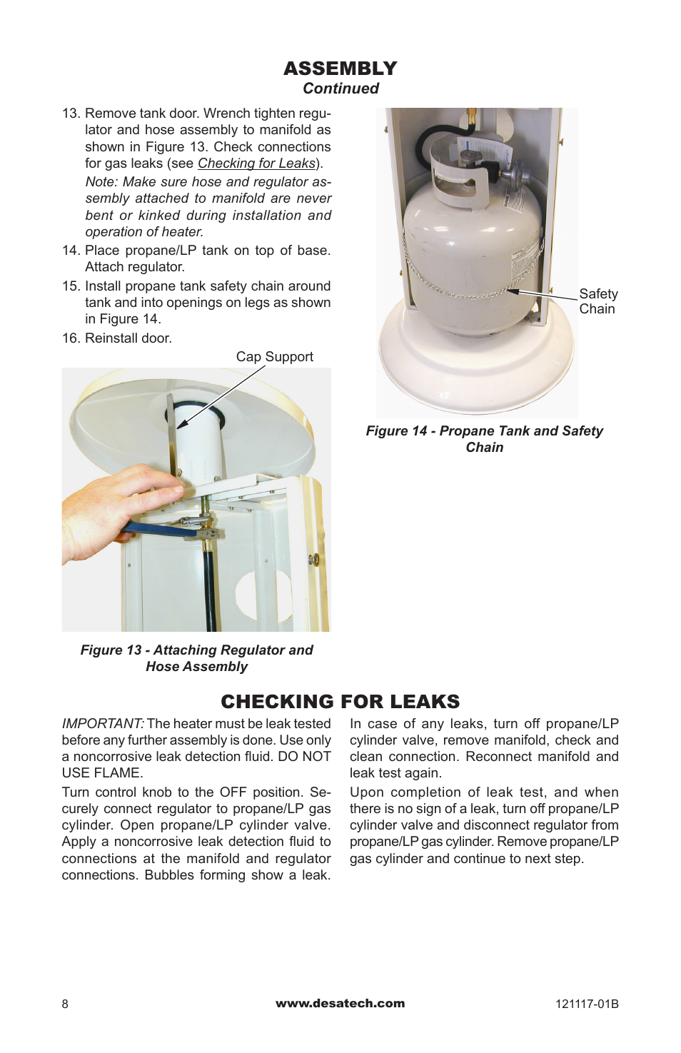 Checking for leaks, Assembly | Desa Td125 User Manual | Page 8 / 48