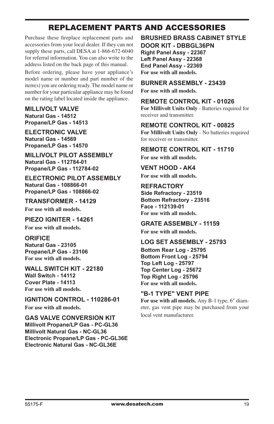 Replacement parts and accessories | Desa GL36PNEP User Manual | Page 19 / 20