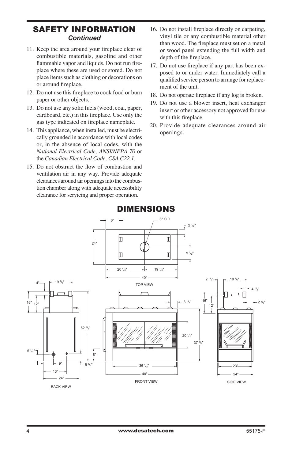 Dimensions, Safety information, Continued | Desa GL36PNEP User Manual | Page 4 / 20