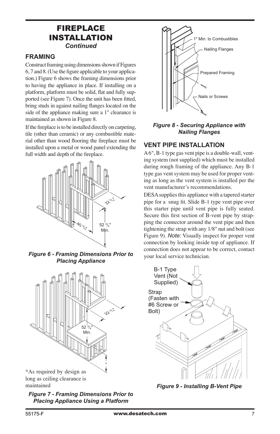 Fireplace installation, Continued framing, Vent pipe installation | Desa GL36PNEP User Manual | Page 7 / 20