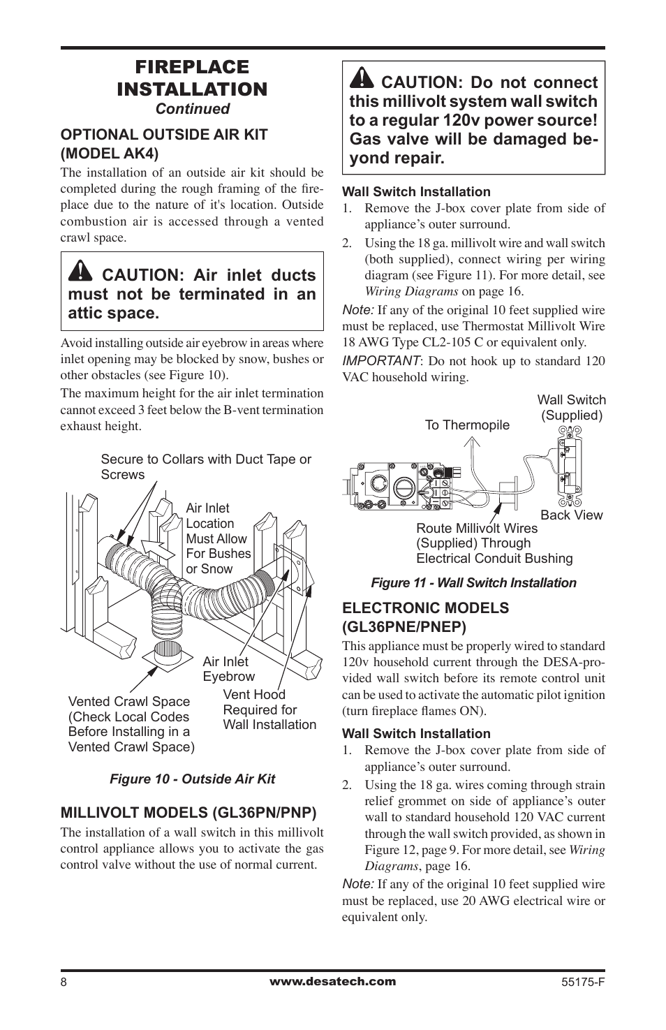 Fireplace installation, Continued optional outside air kit (model ak4), Millivolt models (gl36pn/pnp) | Electronic models (gl36pne/pnep) | Desa GL36PNEP User Manual | Page 8 / 20