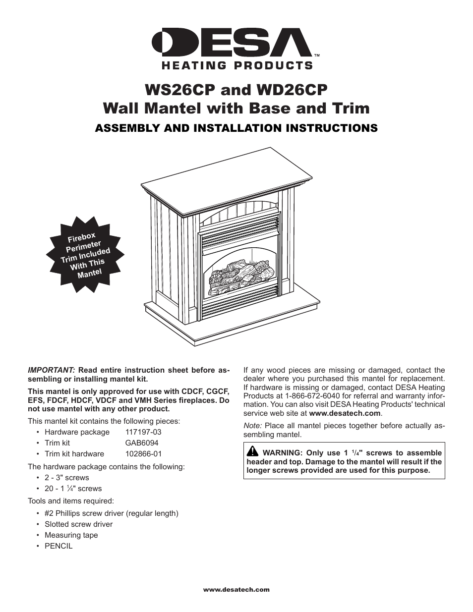 Desa Wall Mantel with Base and Trim WD26CP User Manual | 8 pages