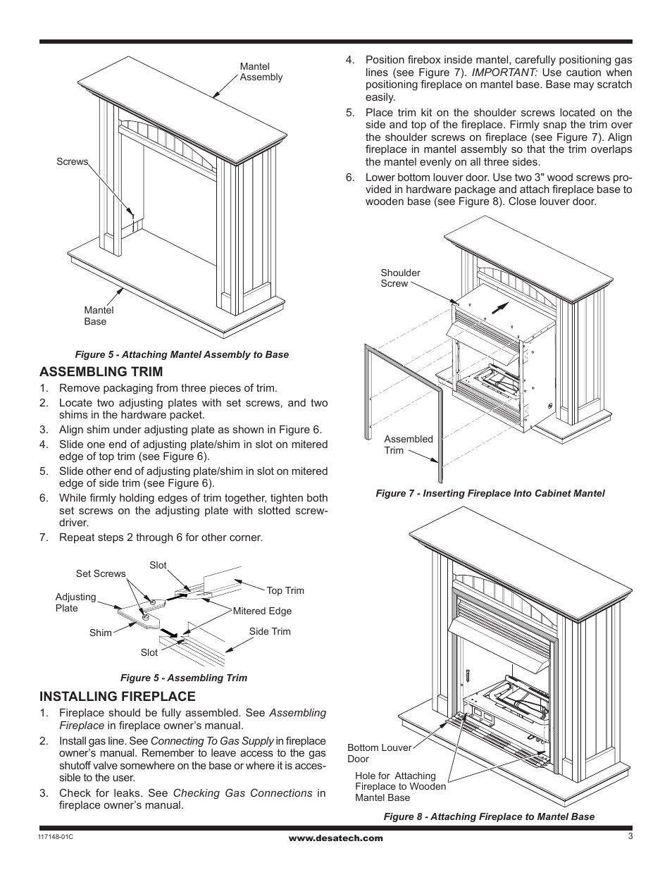 Installing fireplace, Assembling trim | Desa Wall Mantel with Base and Trim WD26CP User Manual | Page 3 / 8
