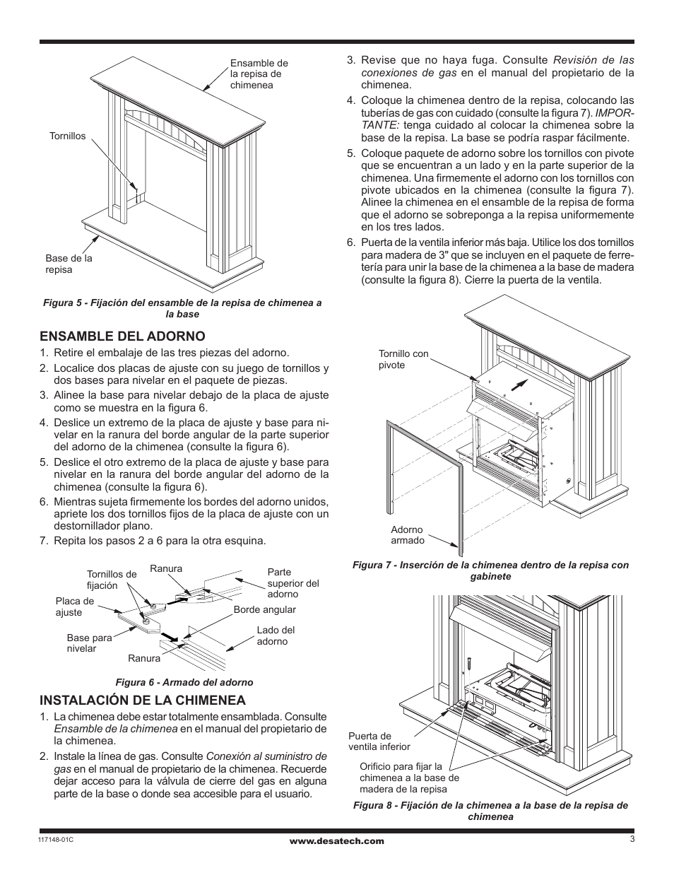 Instalación de la chimenea, Ensamble del adorno | Desa Wall Mantel with Base and Trim WD26CP User Manual | Page 7 / 8