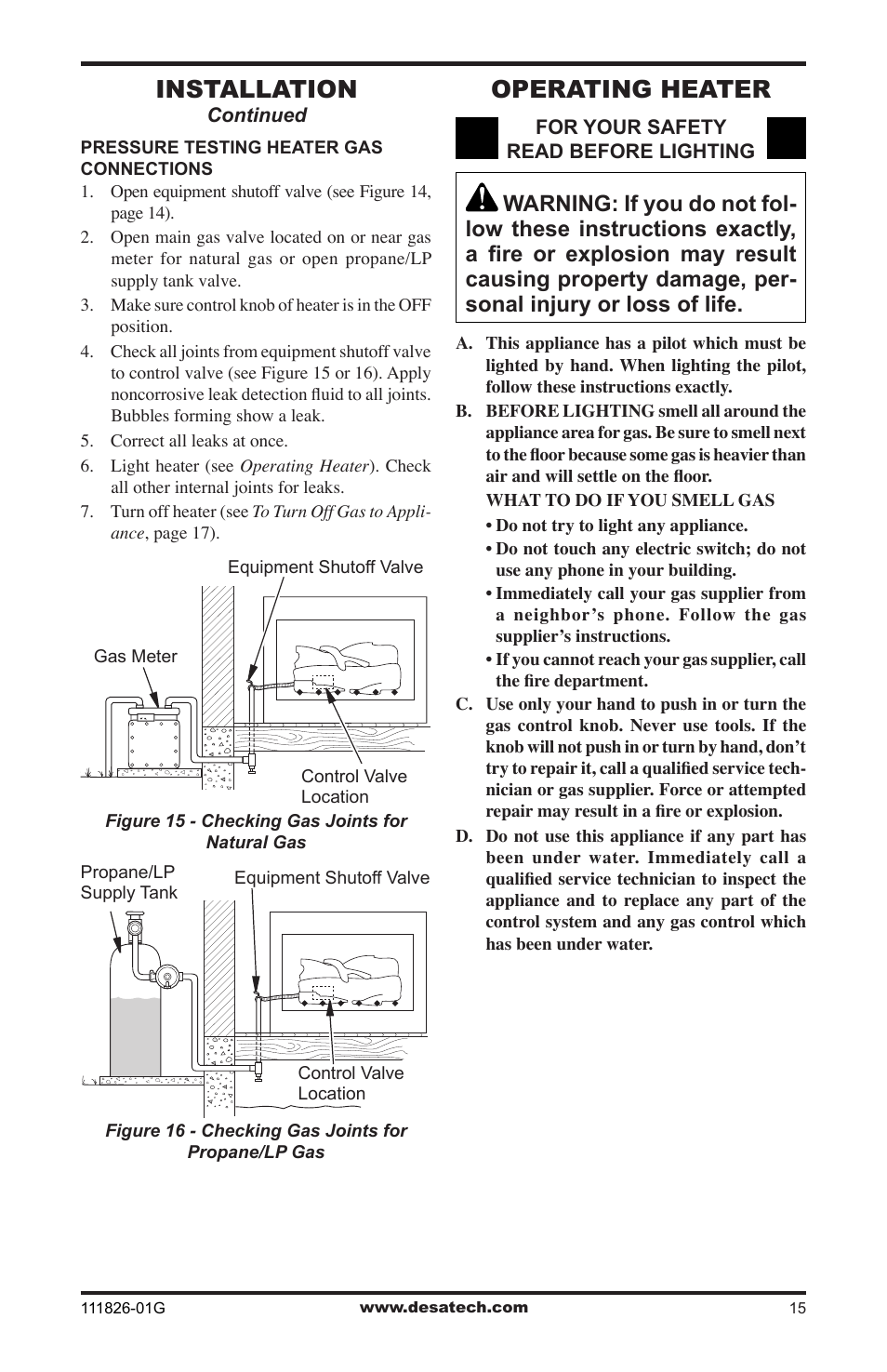 Operating heater, Installation | Desa VF-24N-BTB User Manual | Page 15 / 32