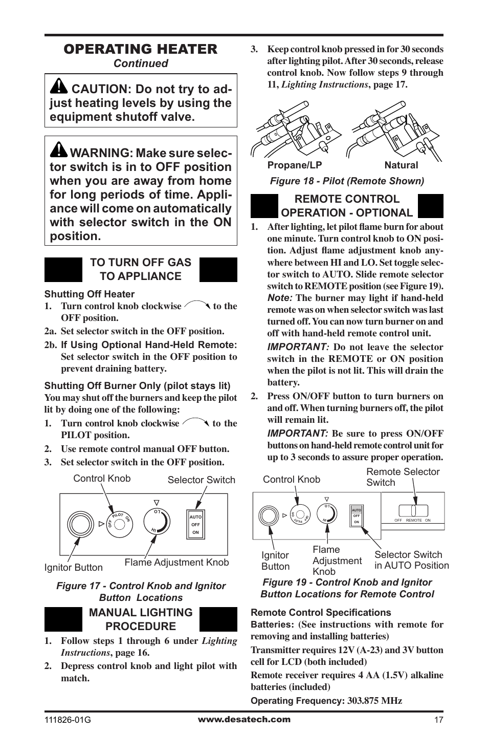 Operating heater, Continued, Manual lighting procedure | Remote control operation - optional | Desa VF-24N-BTB User Manual | Page 17 / 32