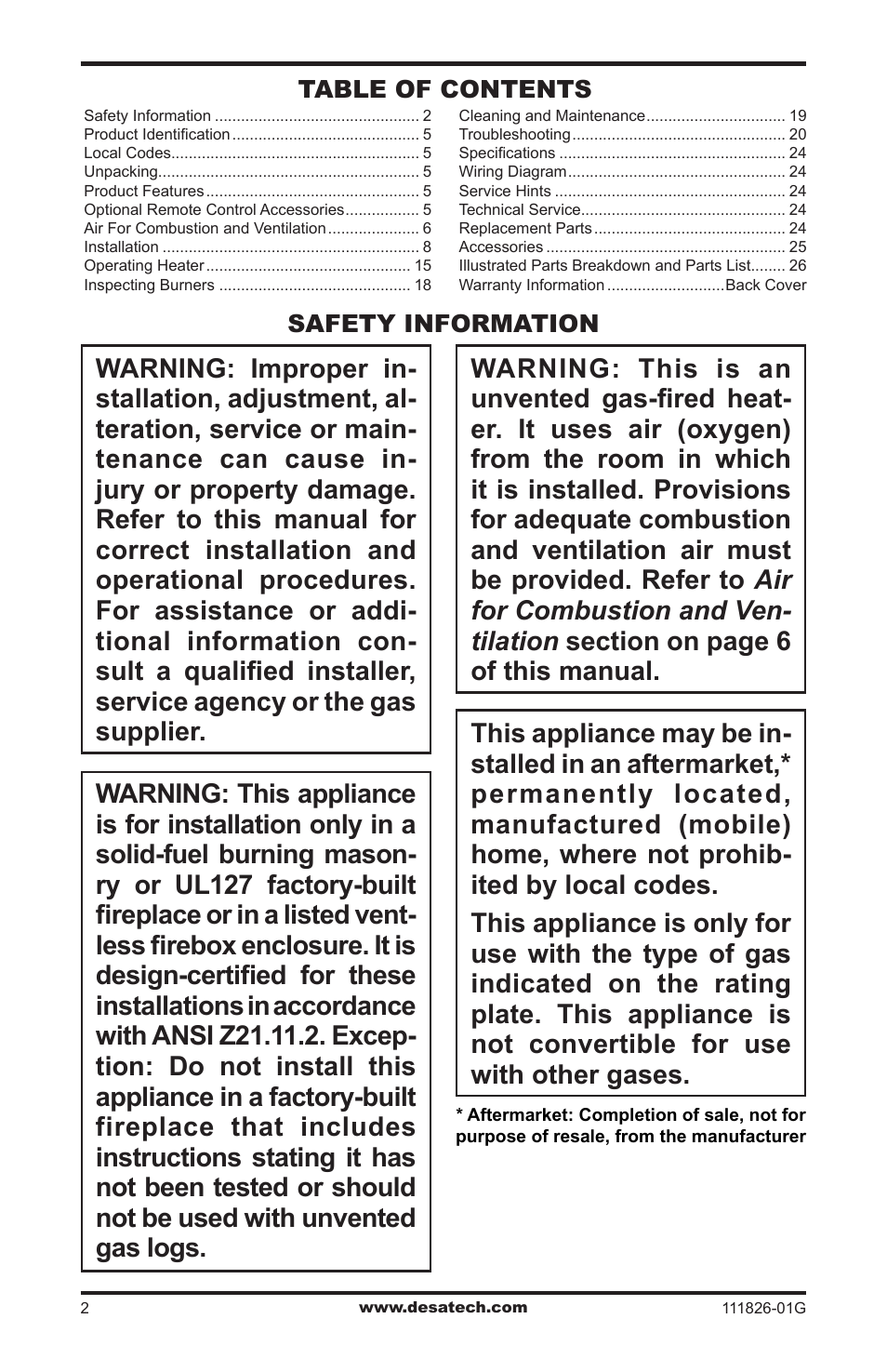 Safety information, Safety information table of contents | Desa VF-24N-BTB User Manual | Page 2 / 32