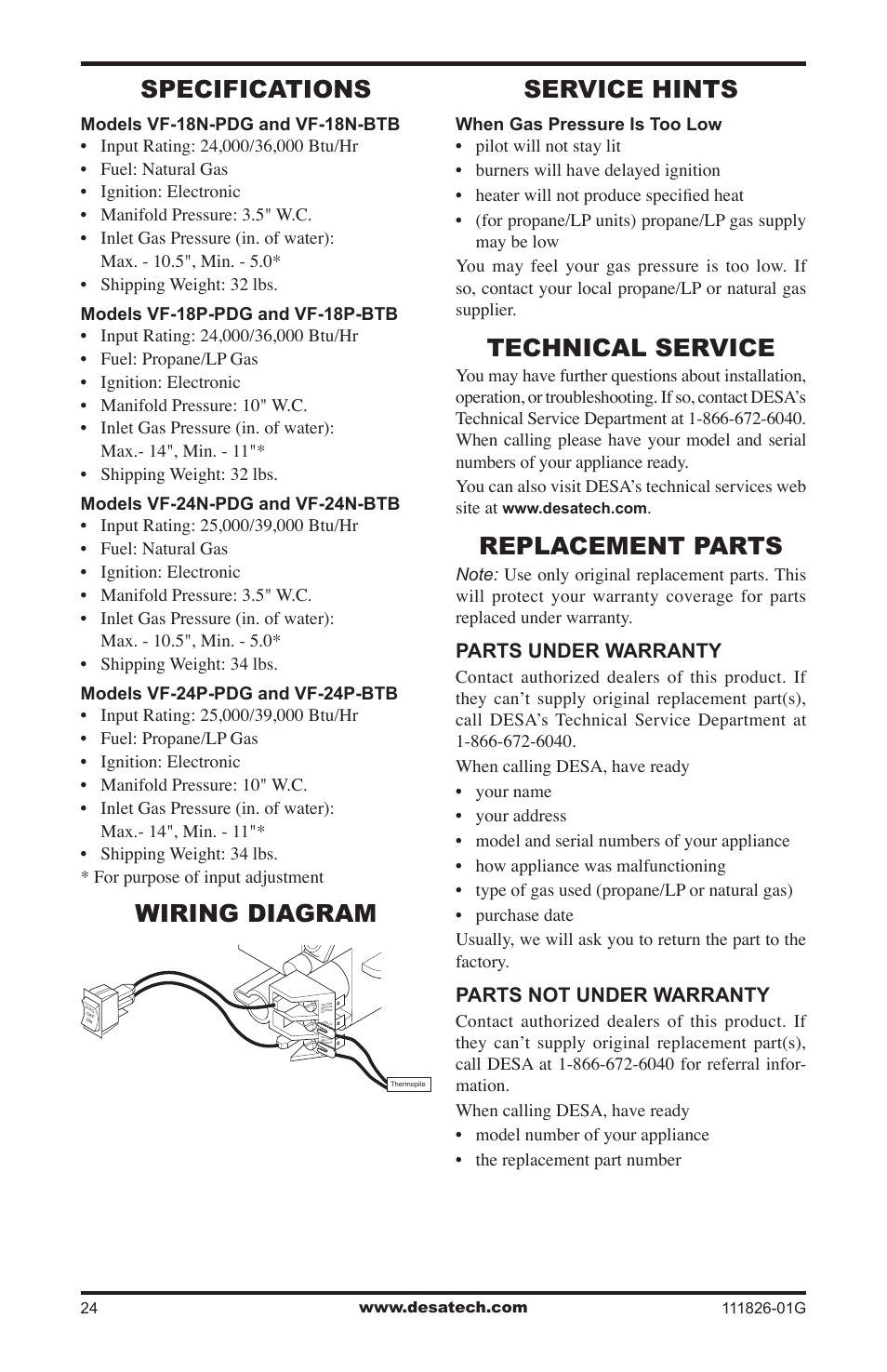 Specifications, Wiring diagram, Service hints | Technical service, Replacement parts, Wiring diagram service hints | Desa VF-24N-BTB User Manual | Page 24 / 32