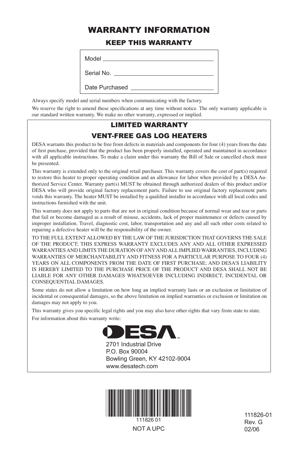 Warranty information, Keep this warranty, Limited warranty vent-free gas log heaters | Desa VF-24N-BTB User Manual | Page 32 / 32