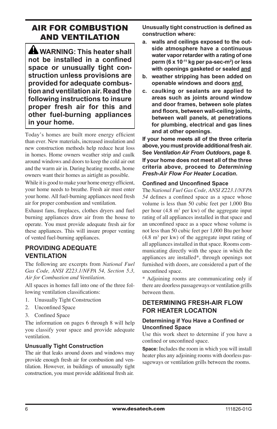 Air for combustion and ventilation | Desa VF-24N-BTB User Manual | Page 6 / 32