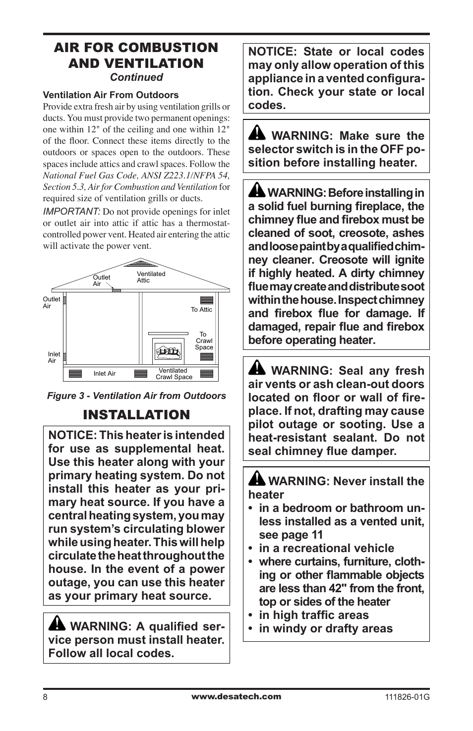 Installation, Air for combustion and ventilation | Desa VF-24N-BTB User Manual | Page 8 / 32